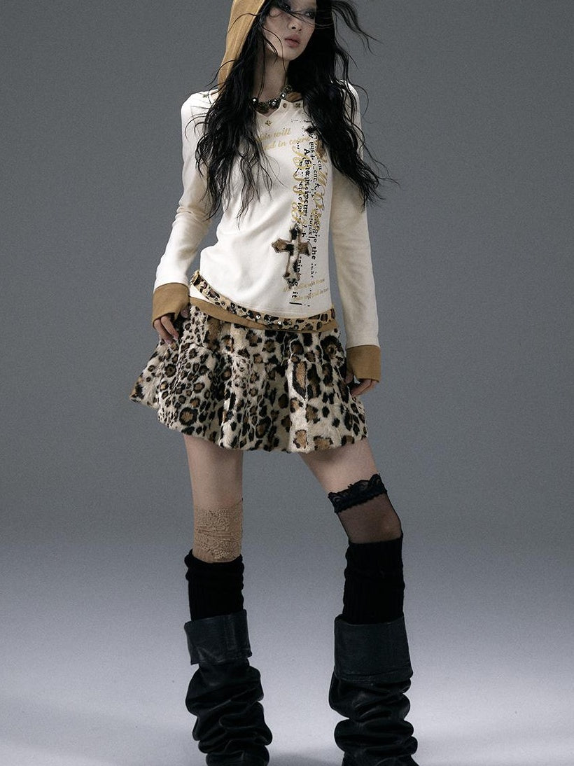 NO ROMANCE Punk Rock Furry Leopard Print Winter Fluffy Mini Skirt Dresses