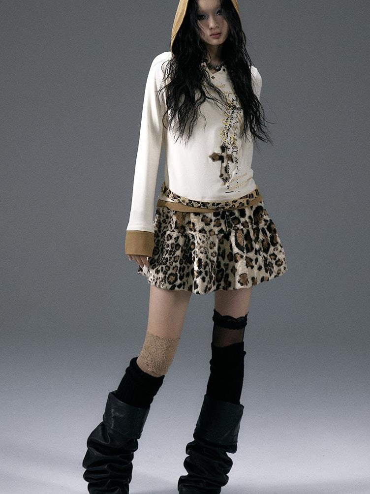 NO ROMANCE Punk Rock Furry Leopard Print Winter Fluffy Mini Skirt Dresses