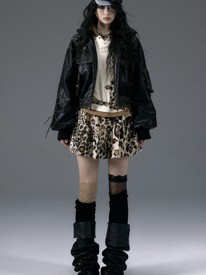 NO ROMANCE Punk Rock Furry Leopard Print Winter Fluffy Mini Skirt Dresses