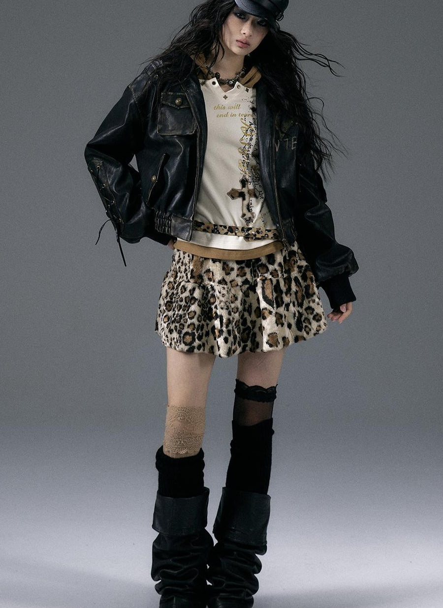 NO ROMANCE Punk Rock Furry Leopard Print Winter Fluffy Mini Skirt Dresses