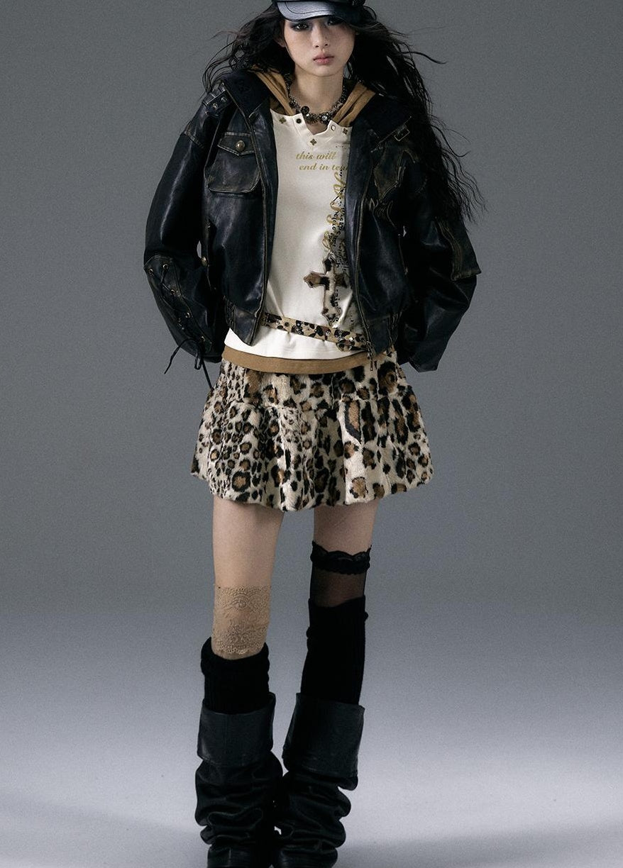 NO ROMANCE Punk Rock Furry Leopard Print Winter Fluffy Mini Skirt Dresses
