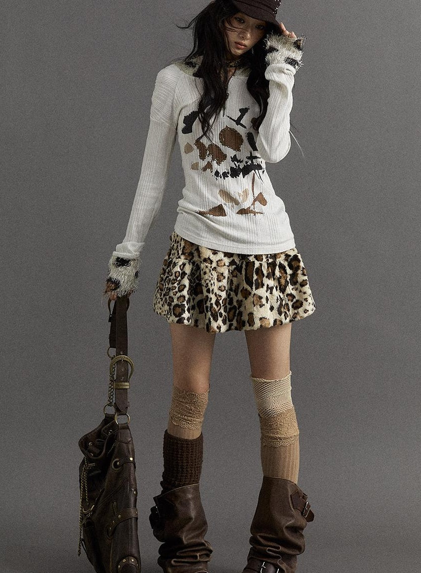 NO ROMANCE Punk Rock Furry Leopard Print Winter Fluffy Mini Skirt Dresses