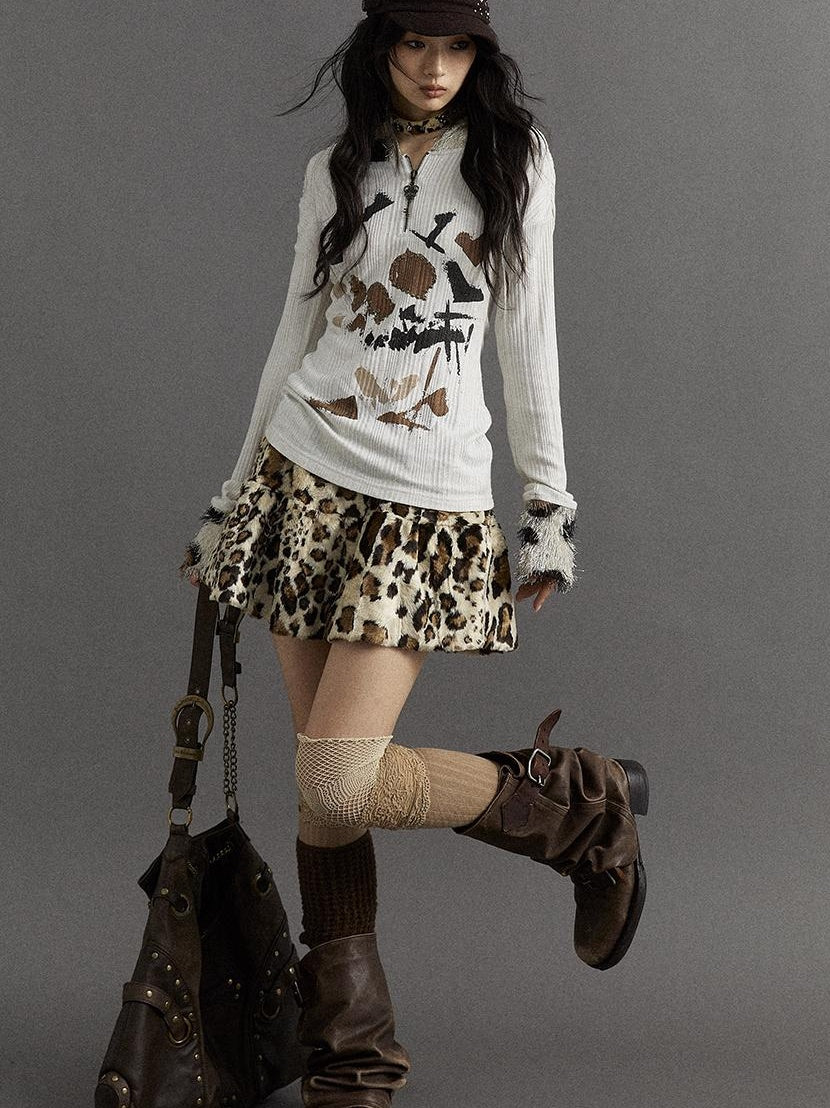 NO ROMANCE Punk Rock Furry Leopard Print Winter Fluffy Mini Skirt Dresses