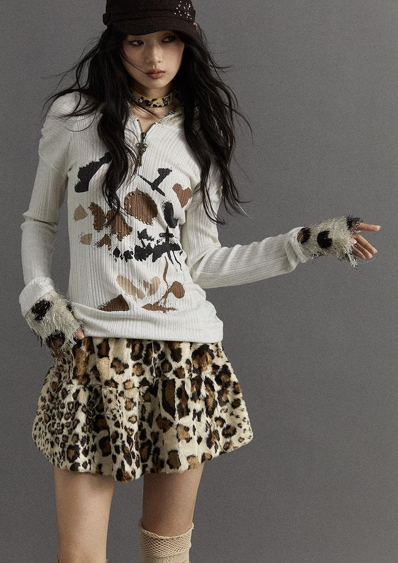 NO ROMANCE Punk Rock Furry Leopard Print Winter Fluffy Mini Skirt Dresses