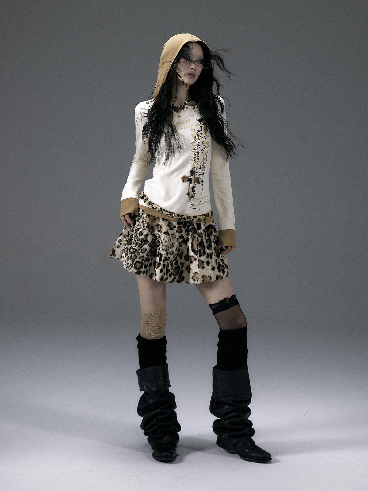 NO ROMANCE Punk Rock Furry Leopard Print Winter Fluffy Mini Skirt Dresses