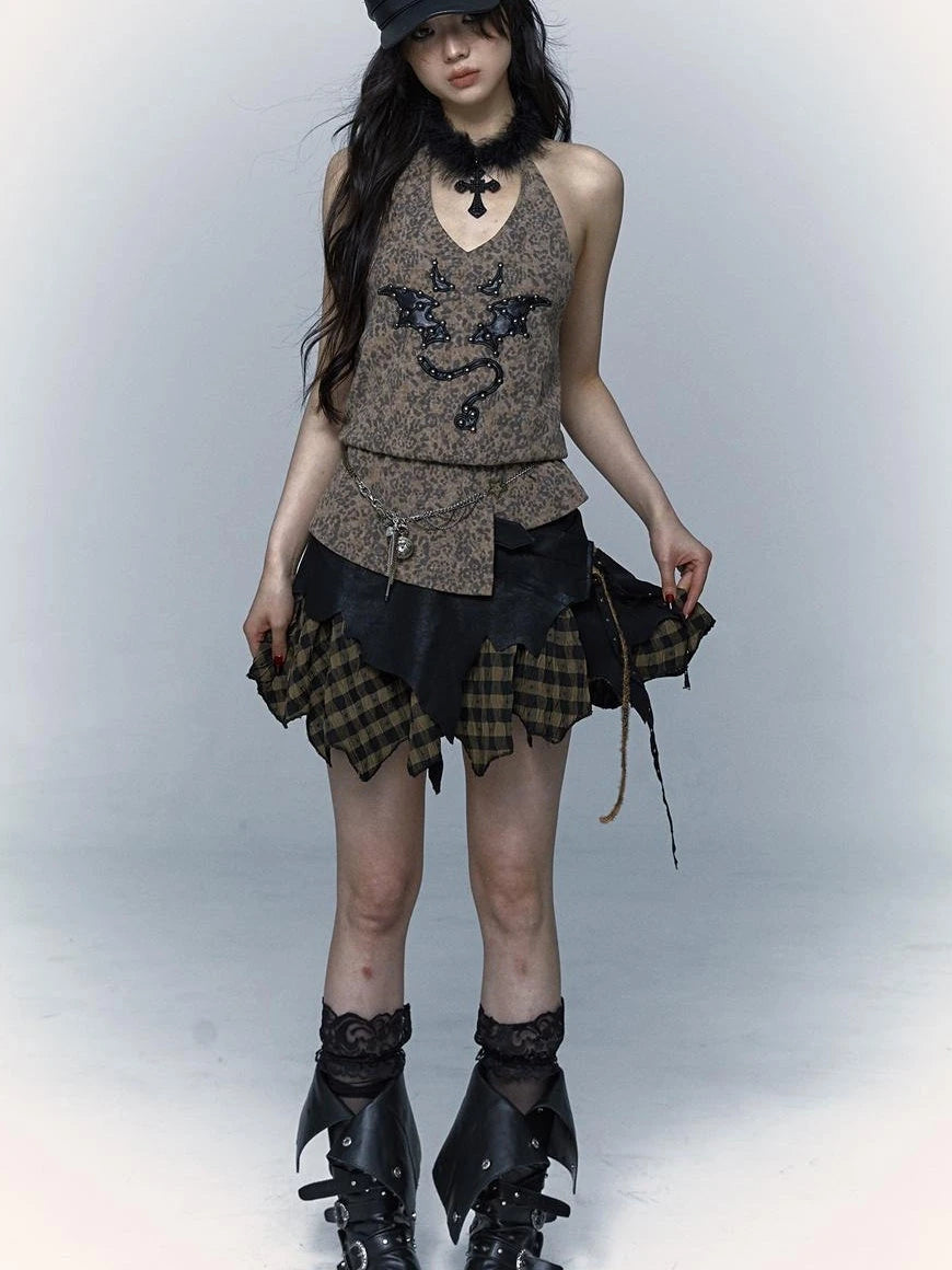 Punk Rock Spiked Devil Embroidery Leopard Print Halter Vest Top