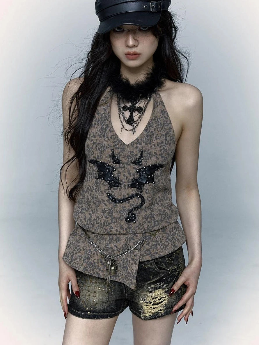 Punk Rock Spiked Devil Embroidery Leopard Print Halter Vest Top