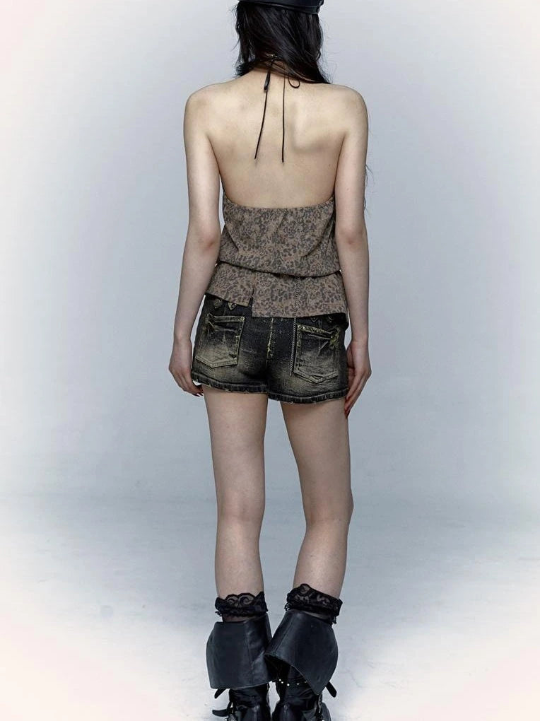 Punk Rock Spiked Devil Embroidery Leopard Print Halter Vest Top