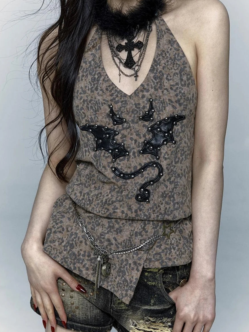Punk Rock Spiked Devil Embroidery Leopard Print Halter Vest Top
