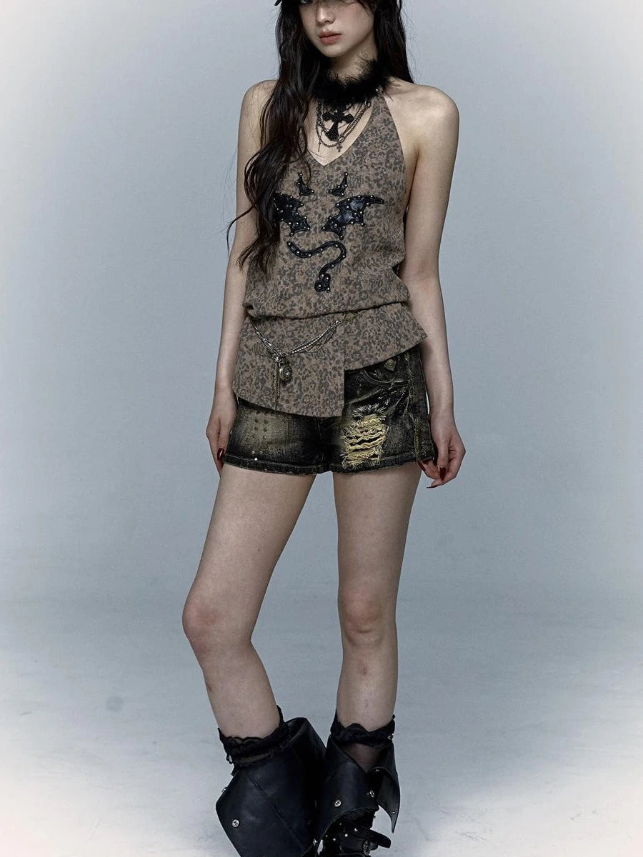 Punk Rock Spiked Devil Embroidery Leopard Print Halter Vest Top