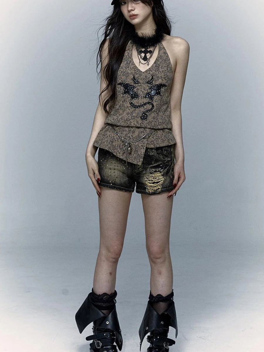 Punk Rock Spiked Devil Embroidery Leopard Print Halter Vest Top