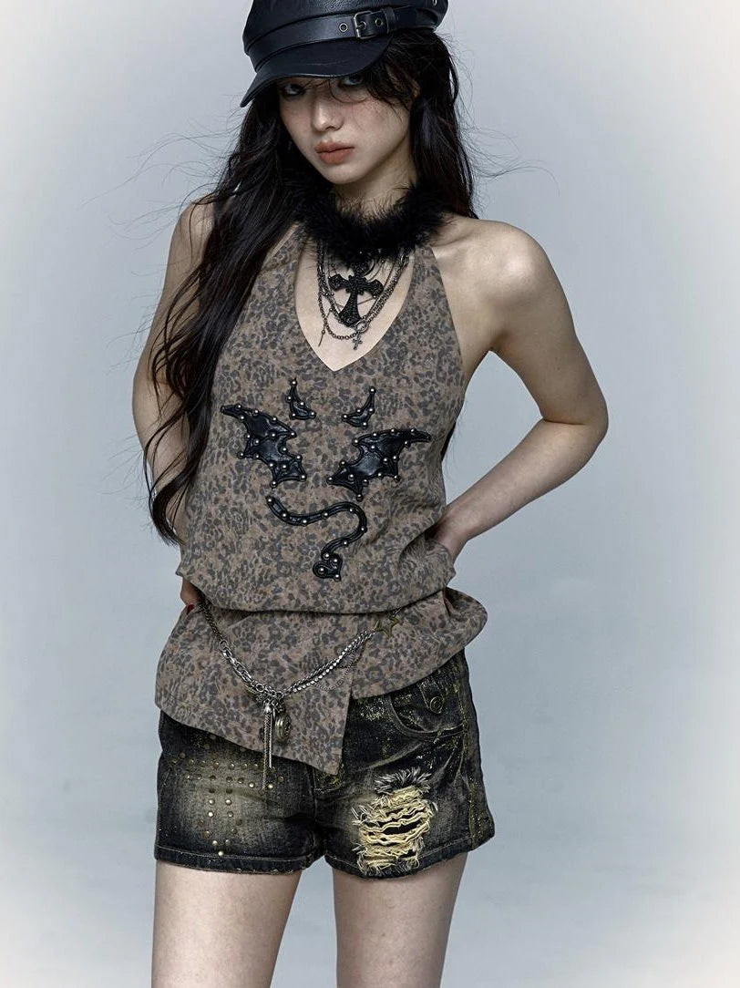 Punk Rock Spiked Devil Embroidery Leopard Print Halter Vest Top