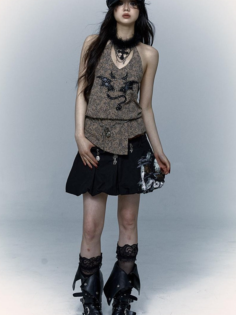 NO ROMANCE禁忌浪漫 Punk Rock Spiked Devil Embroidery Leopard Print Halter Vest Top