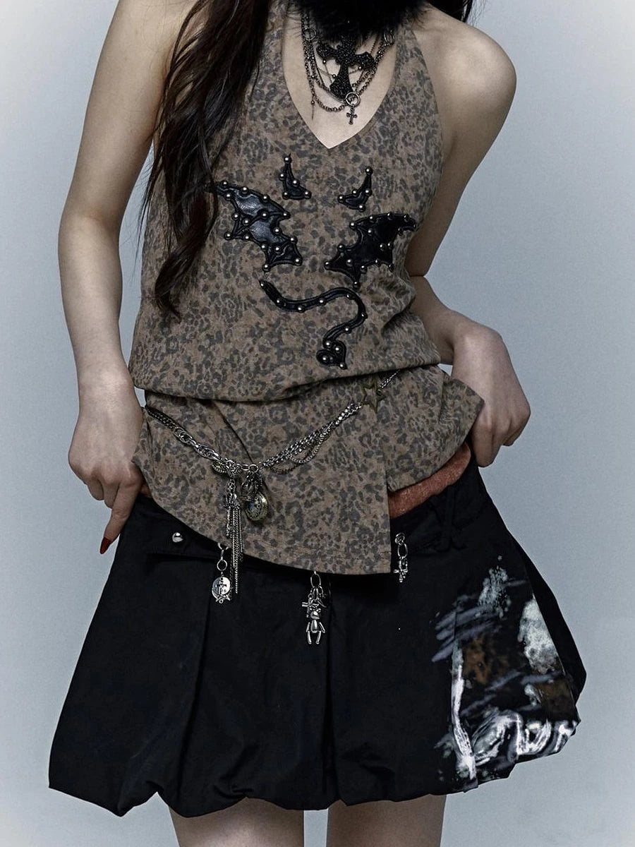 Punk Rock Spiked Devil Embroidery Leopard Print Halter Vest Top