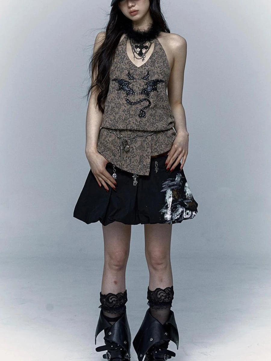 Punk Rock Spiked Devil Embroidery Leopard Print Halter Vest Top