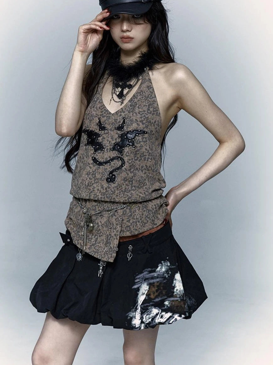 Punk Rock Spiked Devil Embroidery Leopard Print Halter Vest Top