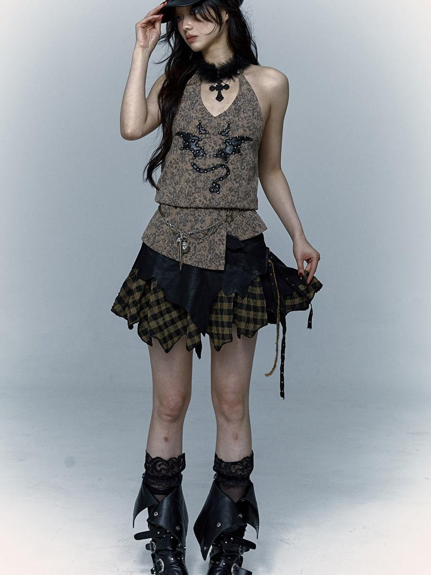 NO ROMANCE禁忌浪漫 Punk Rock Spiked Devil Embroidery Leopard Print Halter Vest Top