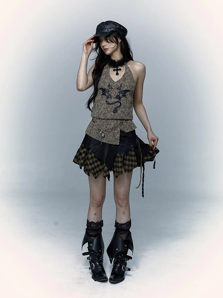 Punk Rock Spiked Devil Embroidery Leopard Print Halter Vest Top