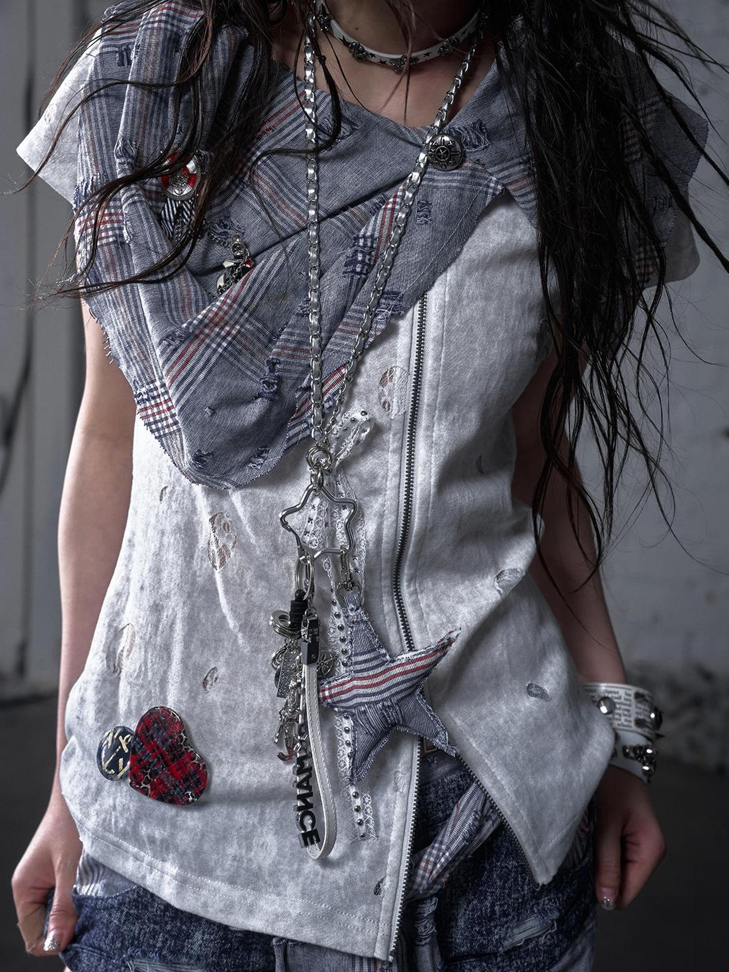 NO ROMANCE Punk Rock Star Lace Rhinestone Keychain Necklace Waistchain