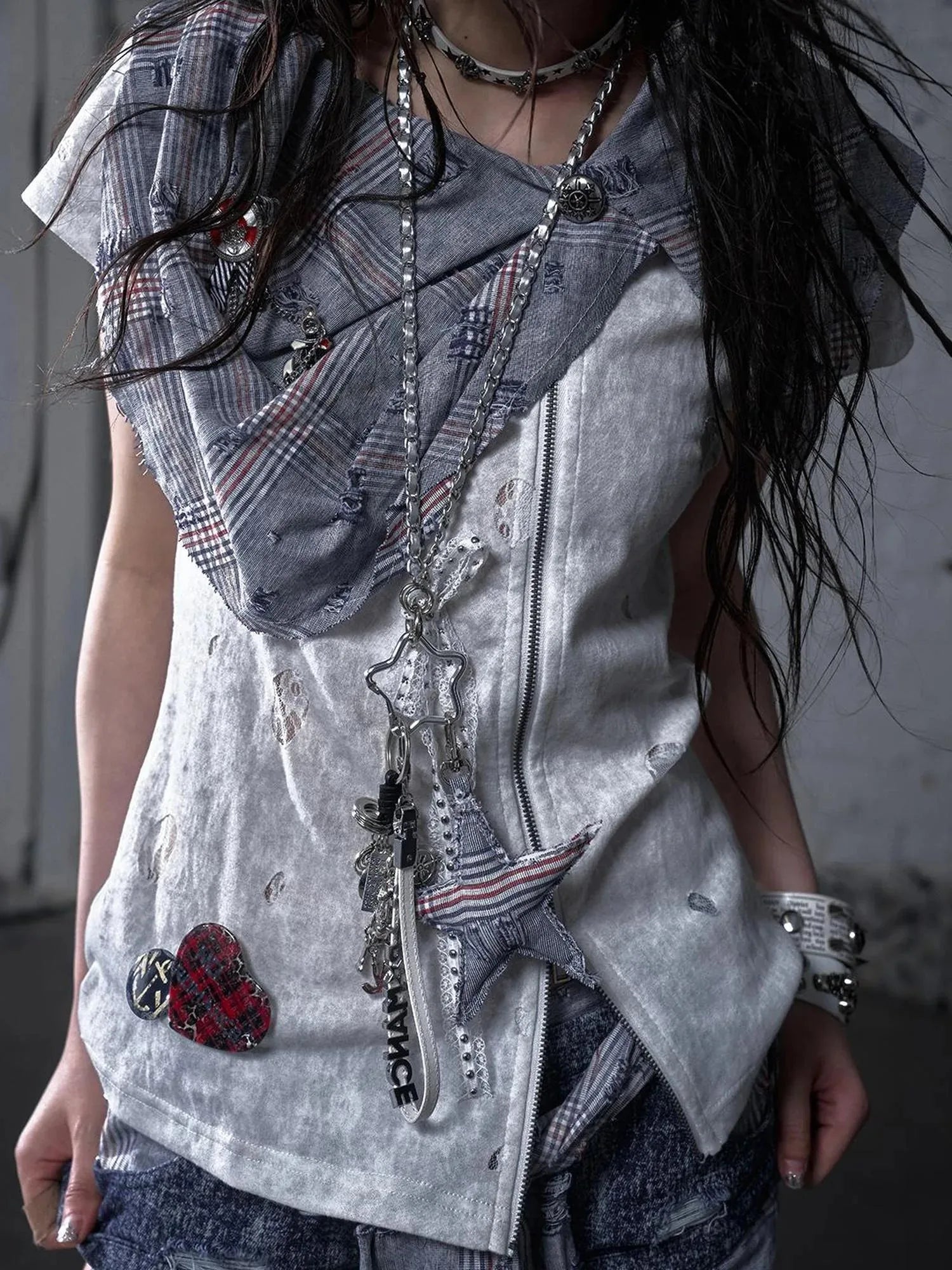 Punk Rock Star Lace Rhinestone Keychain Necklace Waistchain