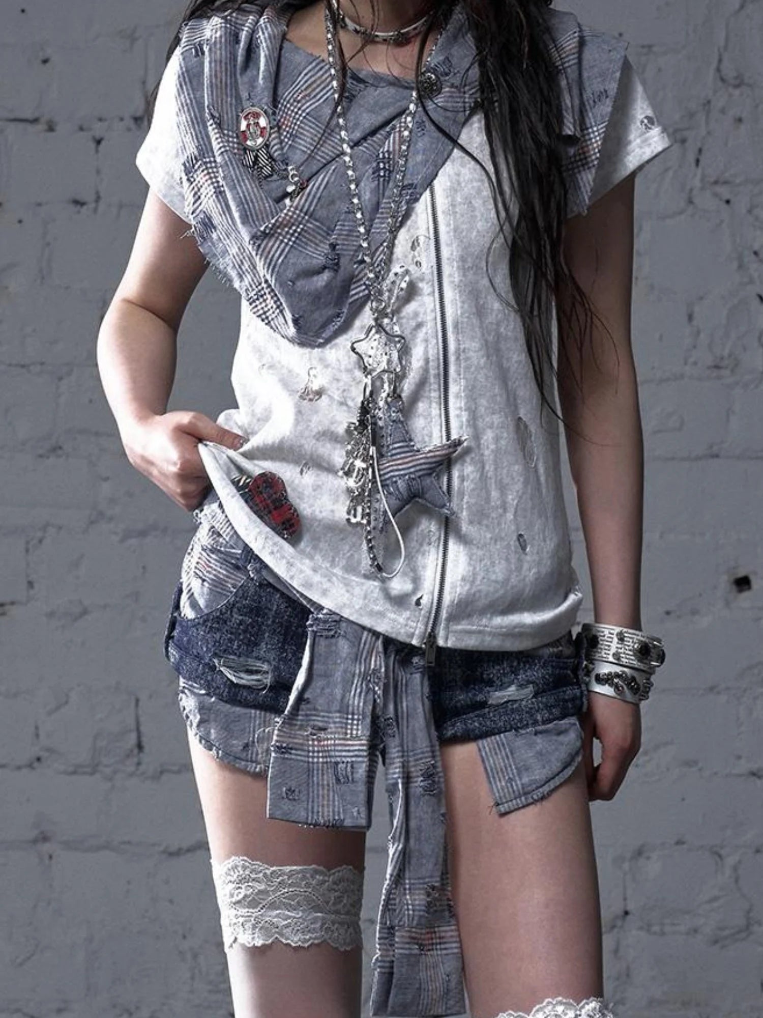 Punk Rock Star Lace Rhinestone Keychain Necklace Waistchain