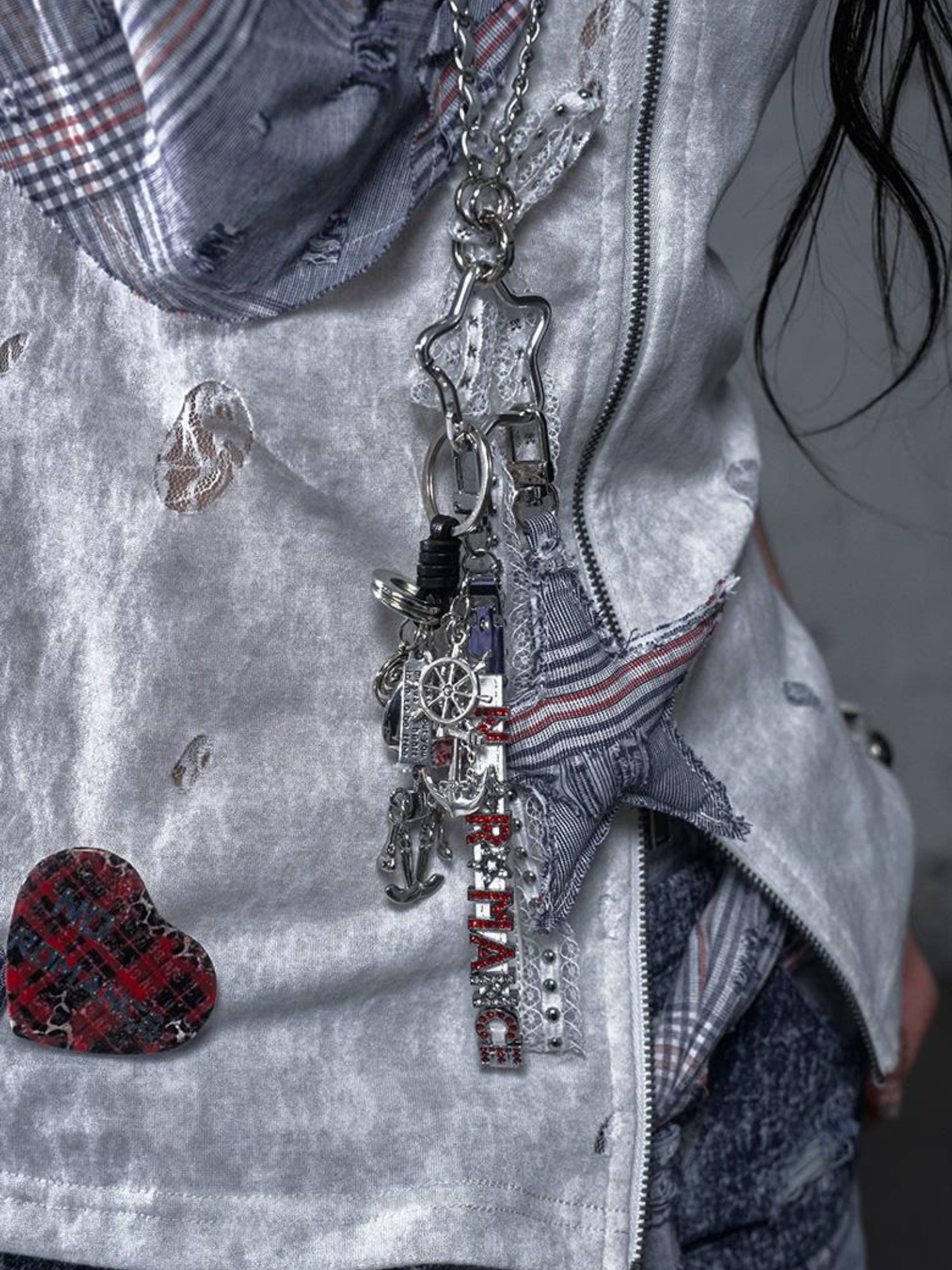 NO ROMANCE Punk Rock Star Lace Rhinestone Keychain Necklace Waistchain