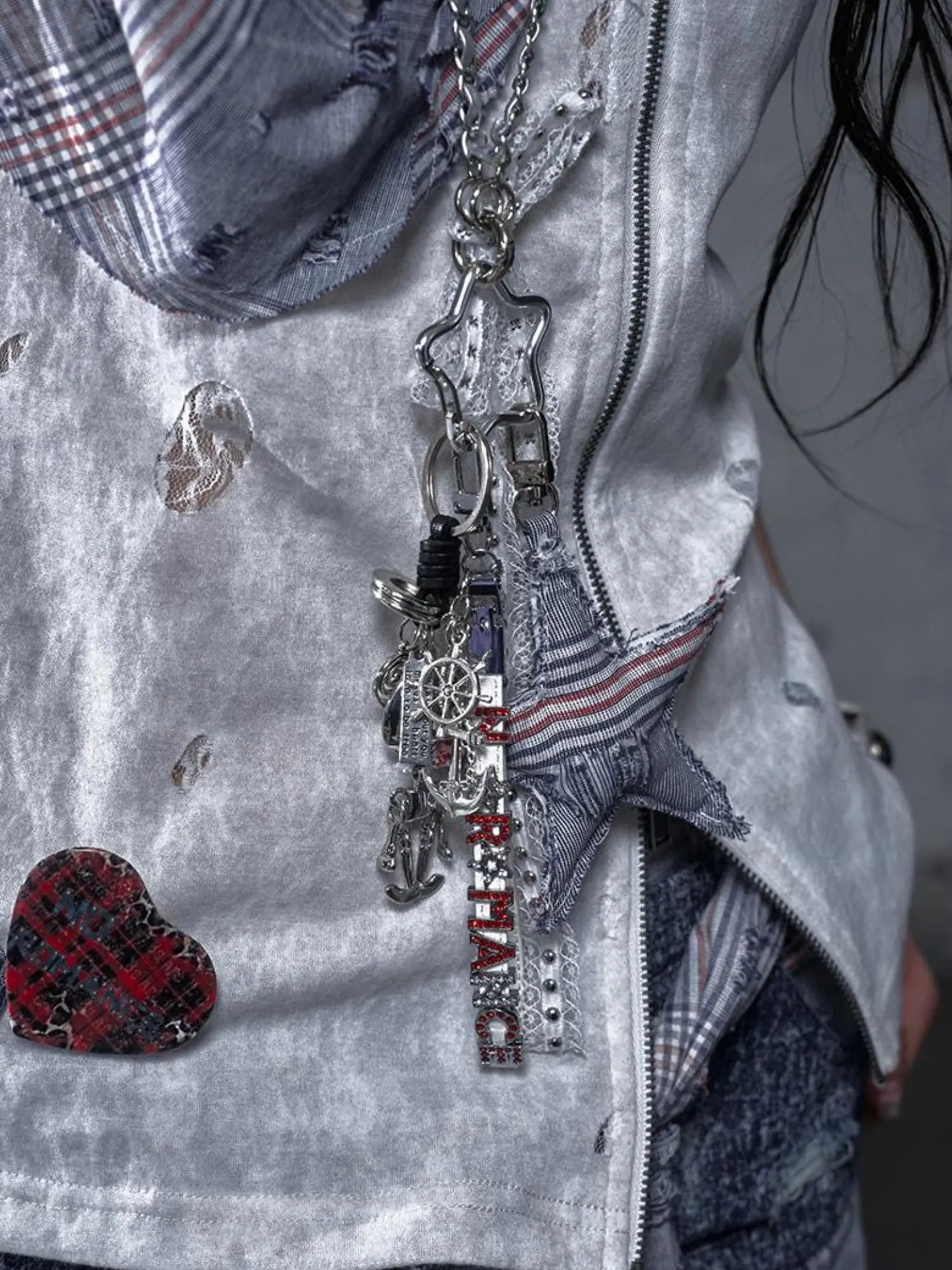 Punk Rock Star Lace Rhinestone Keychain Necklace Waistchain