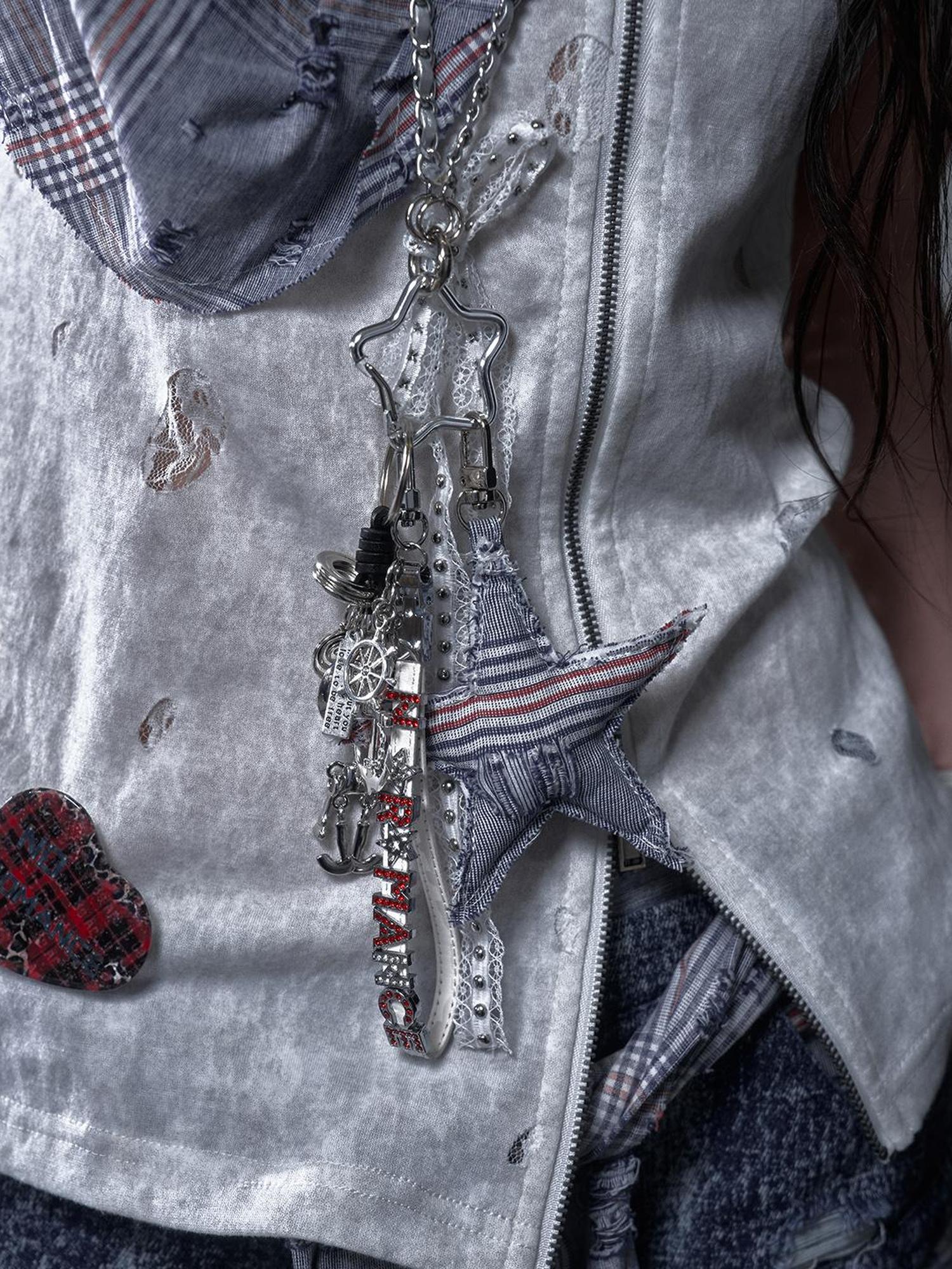 NO ROMANCE Punk Rock Star Lace Rhinestone Keychain Necklace Waistchain