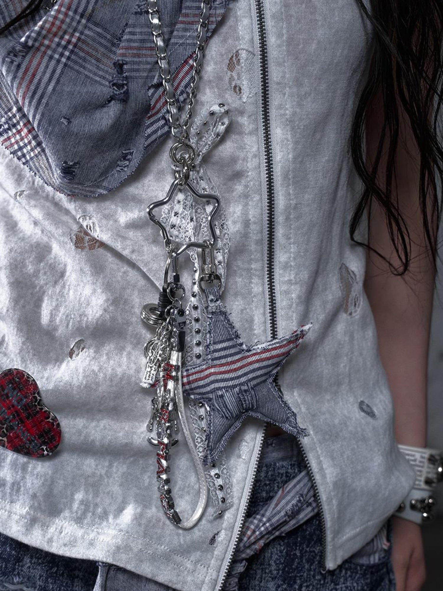 NO ROMANCE Punk Rock Star Lace Rhinestone Keychain Necklace Waistchain