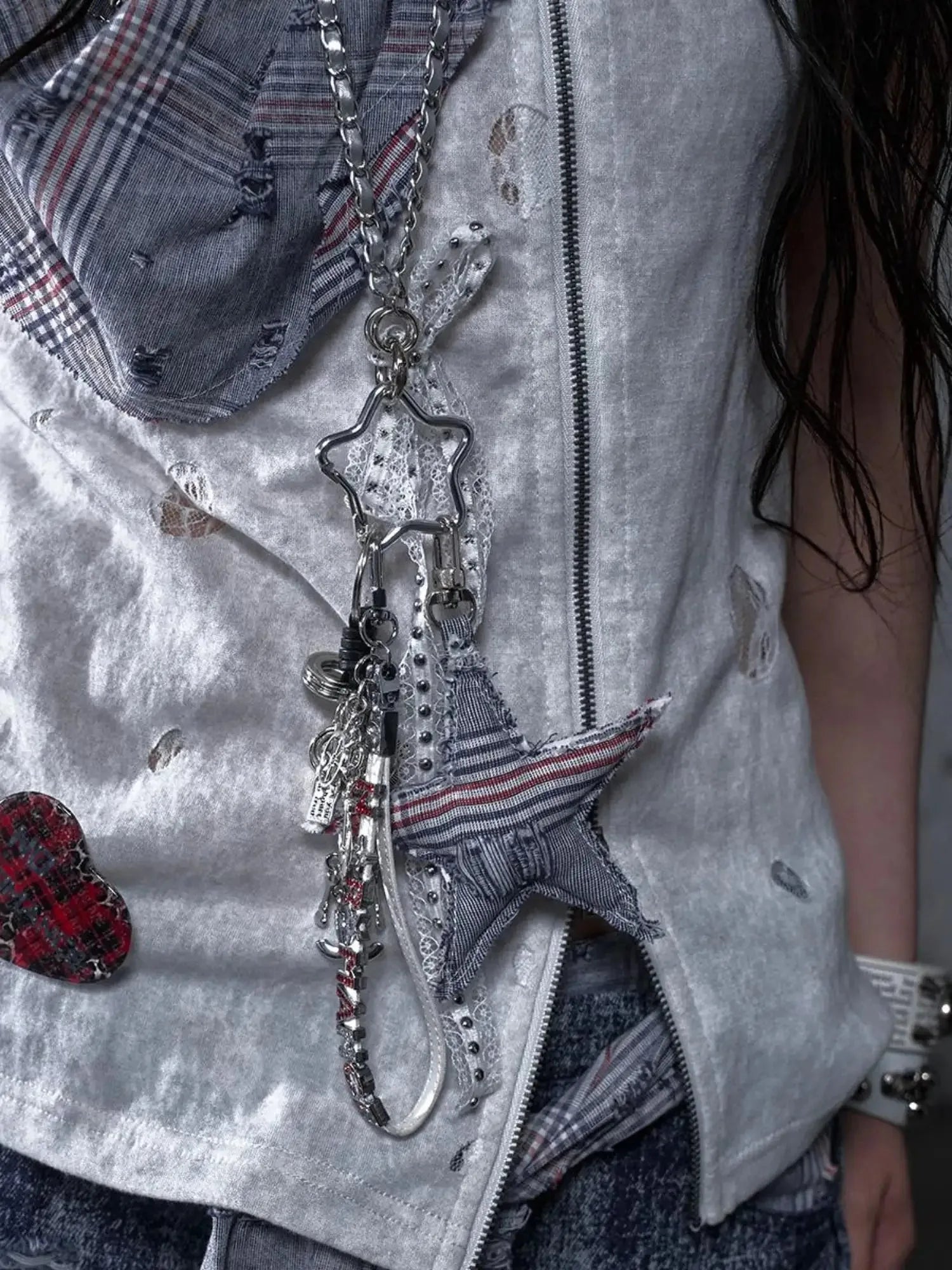 Punk Rock Star Lace Rhinestone Keychain Necklace Waistchain