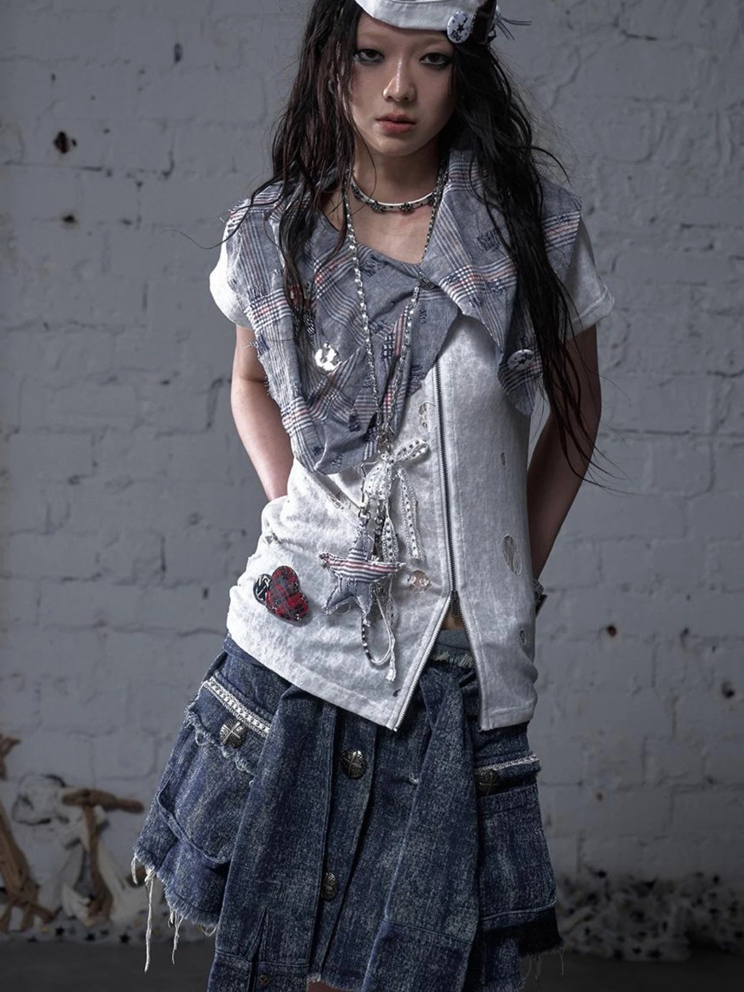 Punk Rock Star Lace Rhinestone Keychain Necklace Waistchain