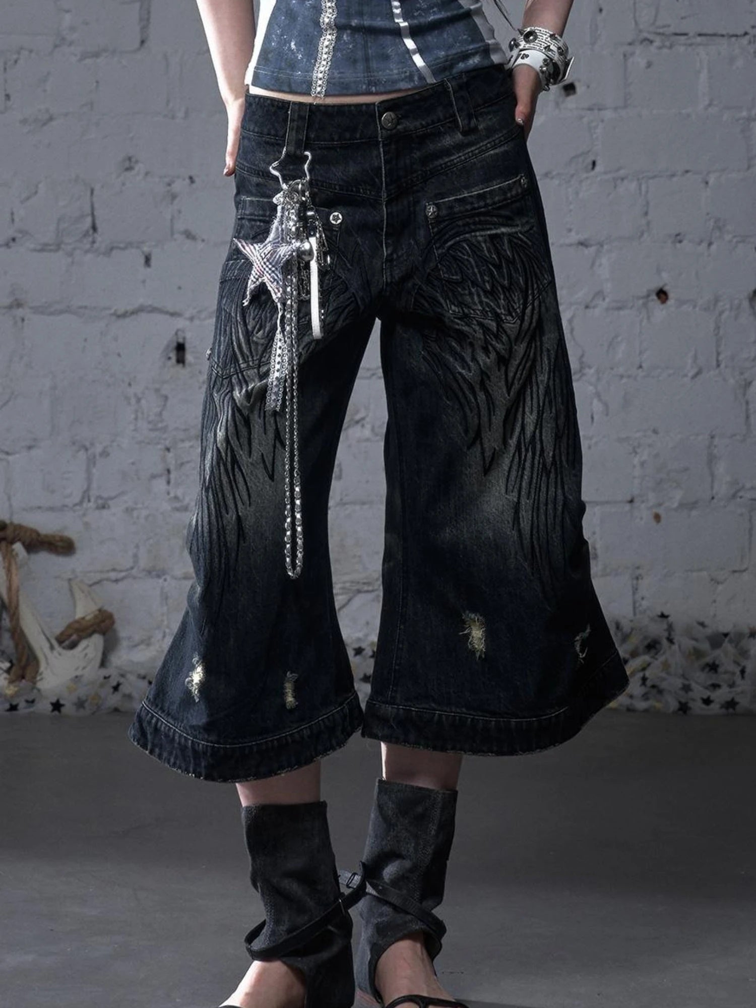 Punk Rock Star Lace Rhinestone Keychain Necklace Waistchain
