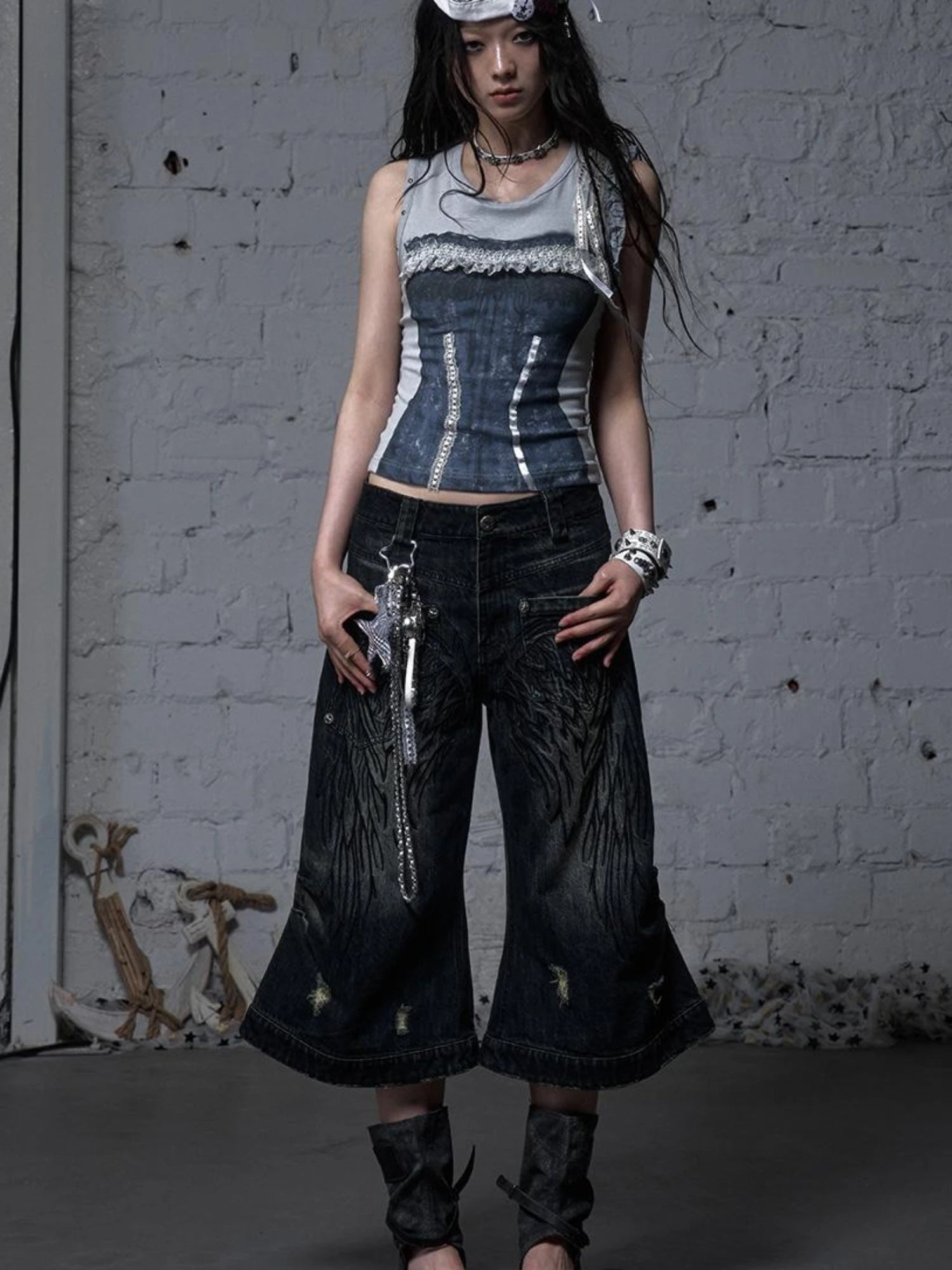 Punk Rock Star Lace Rhinestone Keychain Necklace Waistchain