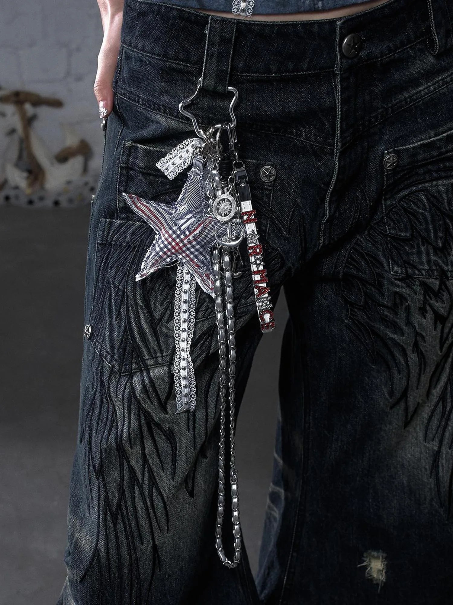 Punk Rock Star Lace Rhinestone Keychain Necklace Waistchain