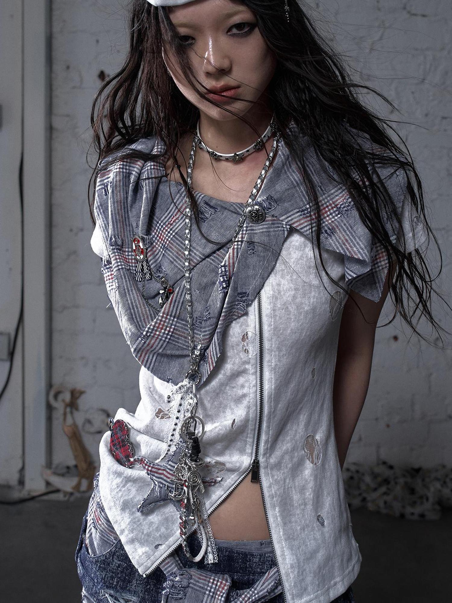 NO ROMANCE Punk Rock Star Lace Rhinestone Keychain Necklace Waistchain
