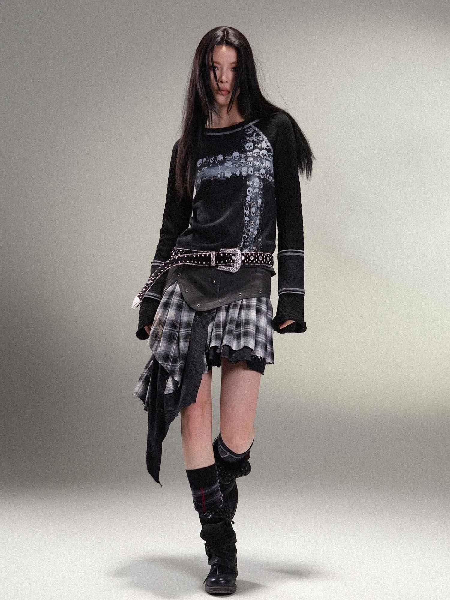 ARIADNAw Punk Rock Vintage Asym Pleat Low Waist Skirt All Season