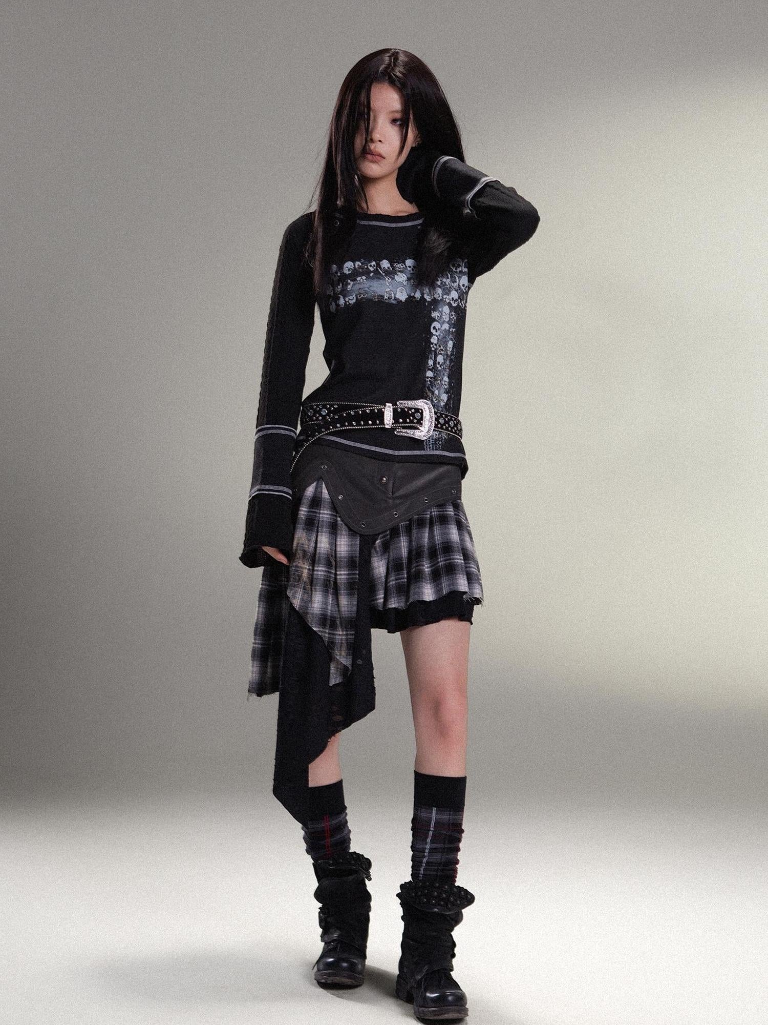 ARIADNAw Punk Rock Vintage Asym Pleat Low Waist Skirt All Season