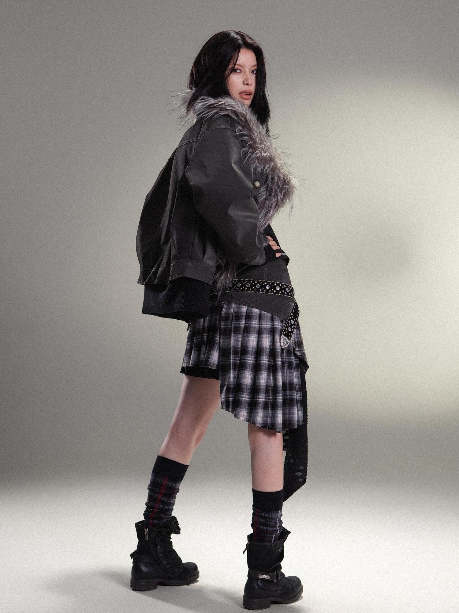 ARIADNAw Punk Rock Vintage Asym Pleat Low Waist Skirt All Season