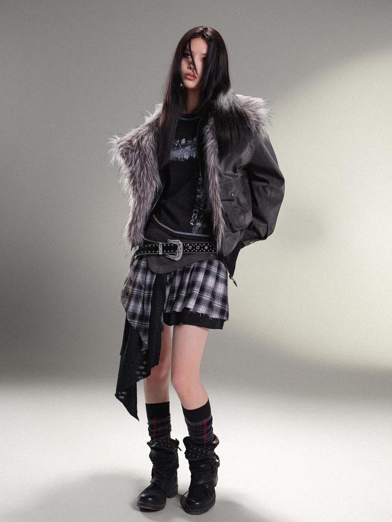 ARIADNAw Punk Rock Vintage Faux Leather Fur Winter Jacket For Women