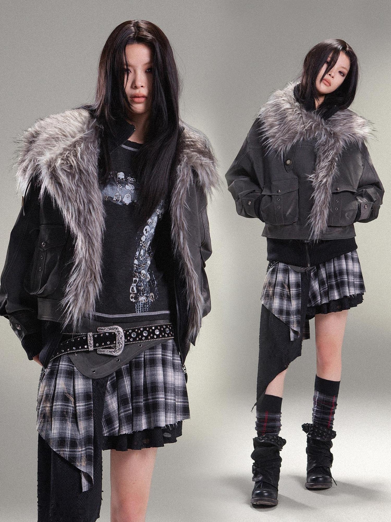 ARIADNAw Punk Rock Vintage Faux Leather Fur Winter Jacket For Women