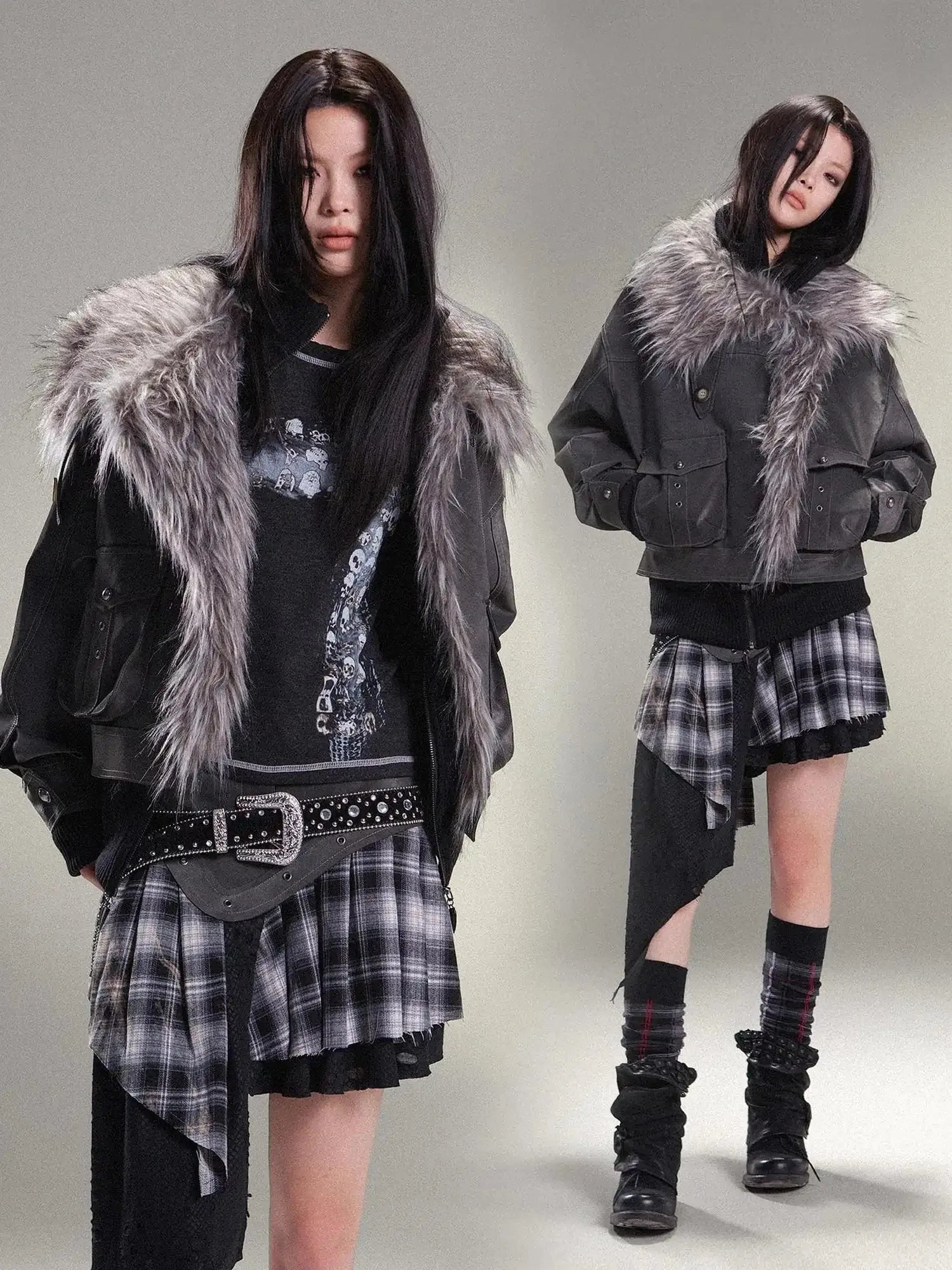 Punk Rock Vintage Faux Leather Fur Winter Jacket For Women