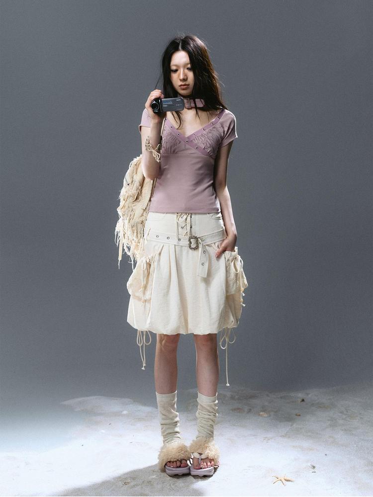 Cest Nous Punk Romantic High Waist Lace-Up Cargo Bloom Skirt Dresses