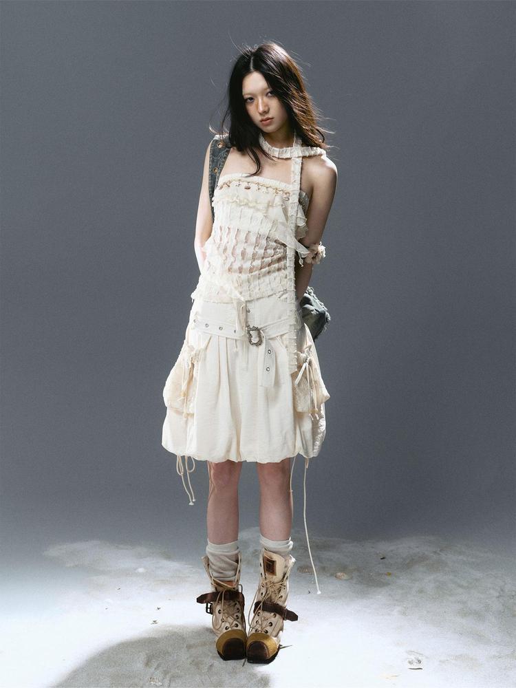 Cest Nous Punk Romantic High Waist Lace-Up Cargo Bloom Skirt Dresses