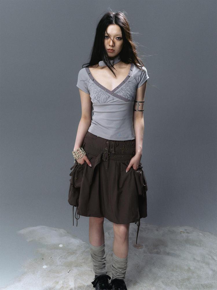 Cest Nous Punk Romantic High Waist Lace-Up Cargo Bloom Skirt Dresses