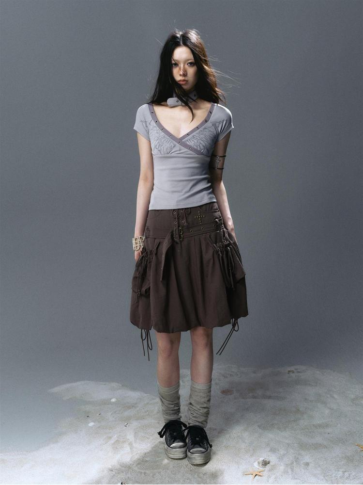 Cest Nous Punk Romantic High Waist Lace-Up Cargo Bloom Skirt Dresses