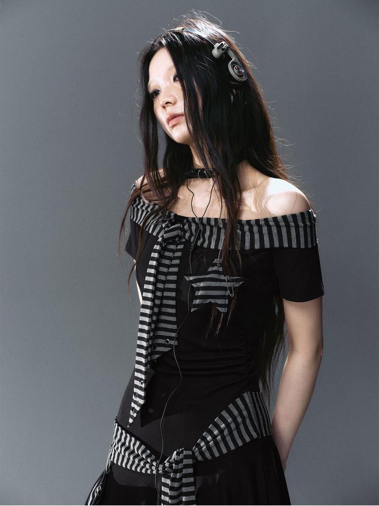 Cest Nous Punk Starfish Striped Tie Shoulder Dress