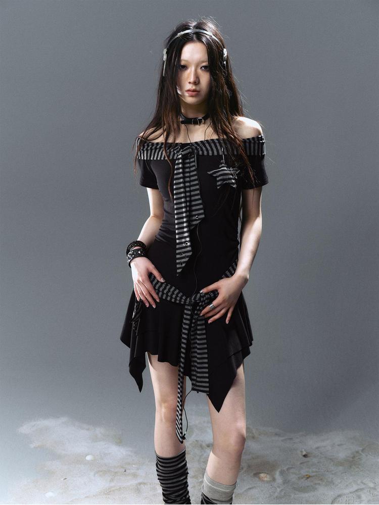 Cest Nous Punk Starfish Striped Tie Shoulder Dress