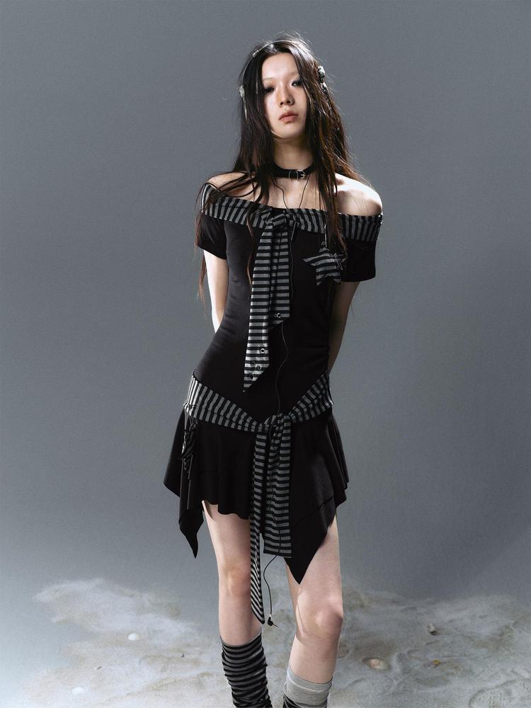 Cest Nous Punk Starfish Striped Tie Shoulder Dress