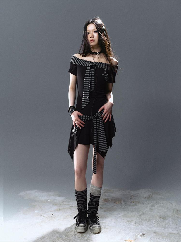 Cest Nous Punk Starfish Striped Tie Shoulder Dress