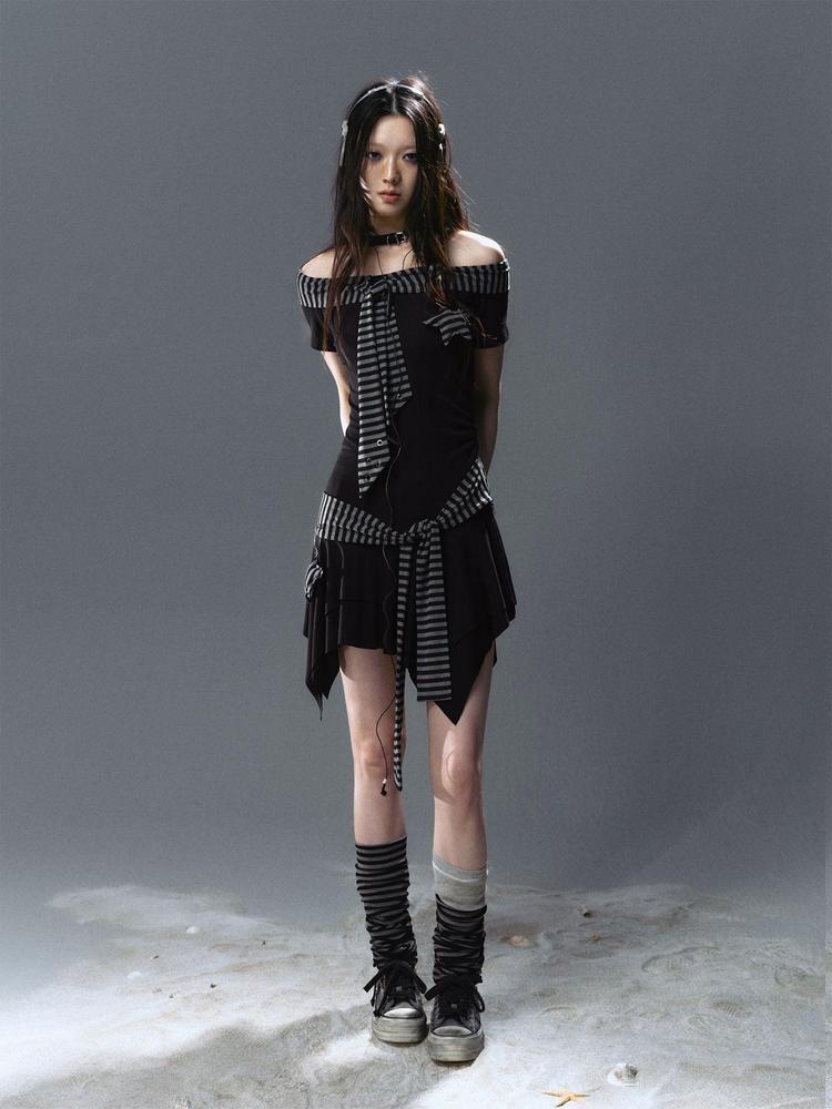 Cest Nous Punk Starfish Striped Tie Shoulder Dress